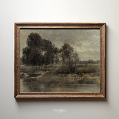 Moody Vintage Landscape Oil Painting, Tonalist Antique River Scene, Dark Neutral Wall Art - L1213