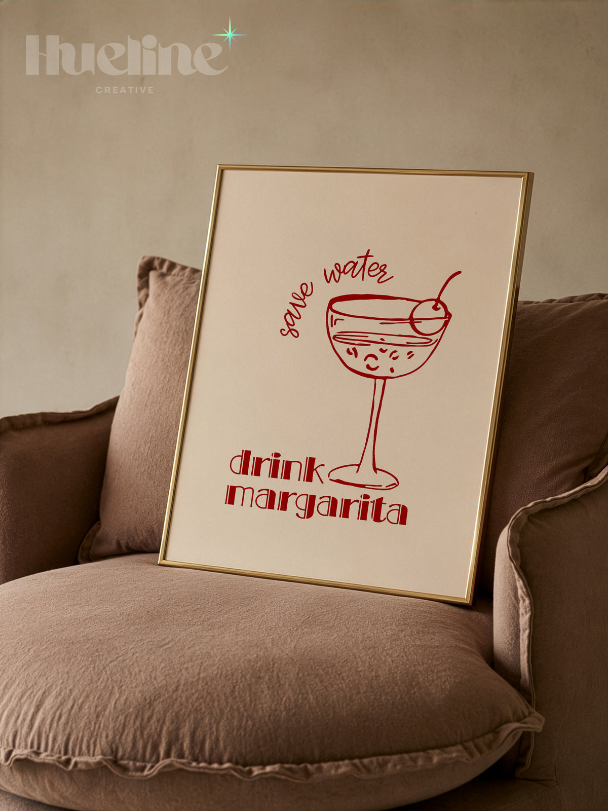 Save Water Drink Margarita Print, Red Cocktail Wall Art, Bar Cart Kitchen Decor - L1278