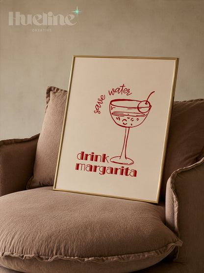 Save Water Drink Margarita Print, Red Cocktail Wall Art, Bar Cart Kitchen Decor - L1278