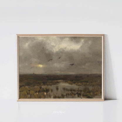 Moody Marshland Landscape Art Print – Dark Vintage Nature Scene with Birds and Overcast Sky – Atmospheric Wall Decor for Rustic or Minimal Interiors - L1054