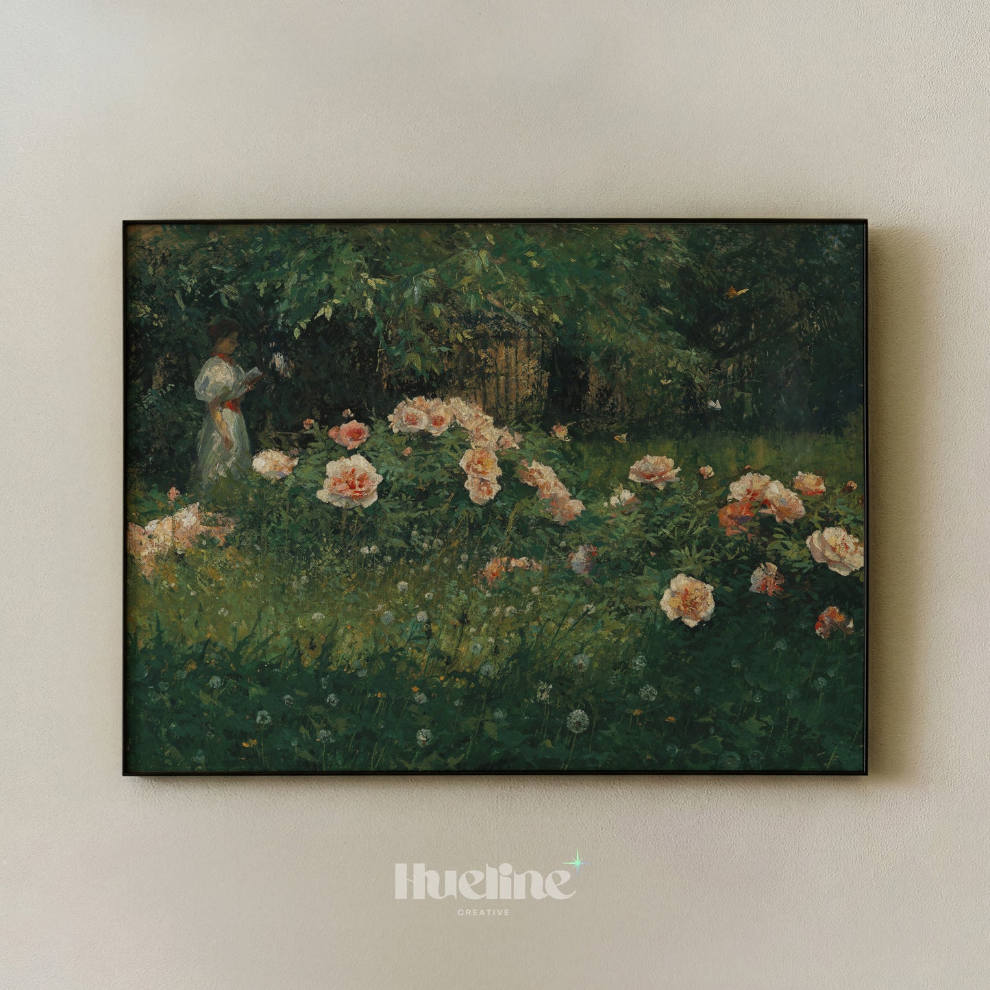 Vintage Impressionist Reading Woman, Floral Garden Oil Painting, Romantic Wall Art - L1211