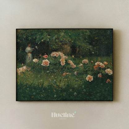 Vintage Impressionist Reading Woman, Floral Garden Oil Painting, Romantic Wall Art - L1211