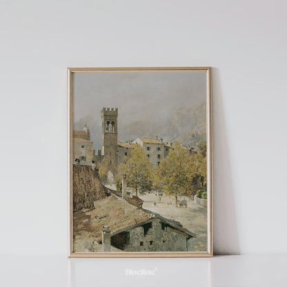 Vintage European Cityscape Art Print – Historic Old Town Scene with Tower and Autumn Trees – Rustic Wall Art for Classic Home Decor - L1039
