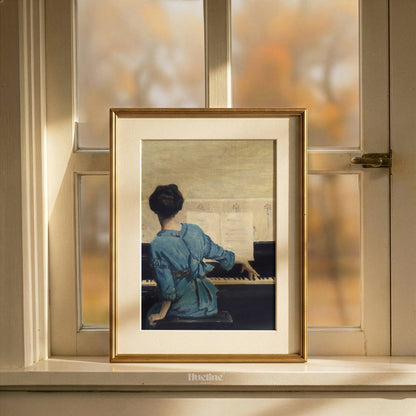 Woman at the Piano Print, Vintage Musician Wall Art, Lady in Blue Dress Painting - L1174