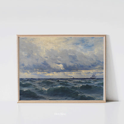 Dramatic Ocean Seascape Art Print – Vintage Style Maritime Painting with Stormy Sky and Sailboat – Nautical Wall Decor for Coastal Interiors - L1055