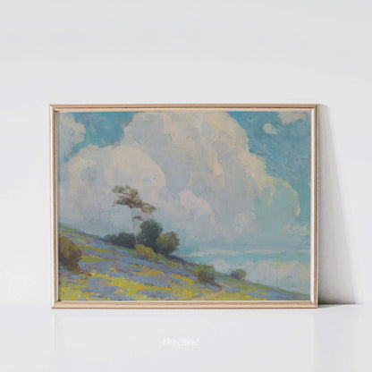 Vintage Landscape Wall Art | Cloudy Sky and Meadow Hill Painting Print - L1107