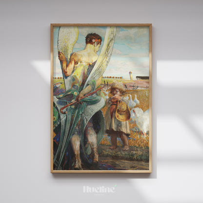Vintage Angel and Child Oil Painting Print, Guardian Angel Geese Landscape Wall Art - L1192
