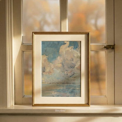 Abstract Cloudscape Painting, Moody Sky and Sea Art Print, Blue Beige Horizon Poster - L1172