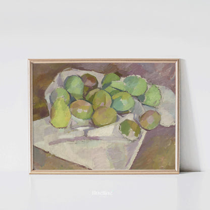 Vintage Still Life Fruit Painting Print – Green Apple & Pear Art for Kitchen or Dining Room – Artistic Gift for Art Lovers - L1066