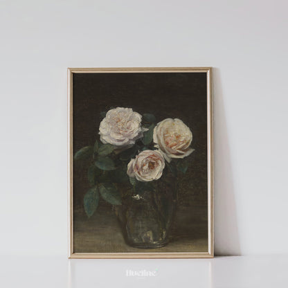 Vintage White Roses Art Print – Elegant Floral Still Life with Dark Background – Romantic Botanical Wall Decor for Classic Interiors - L1062