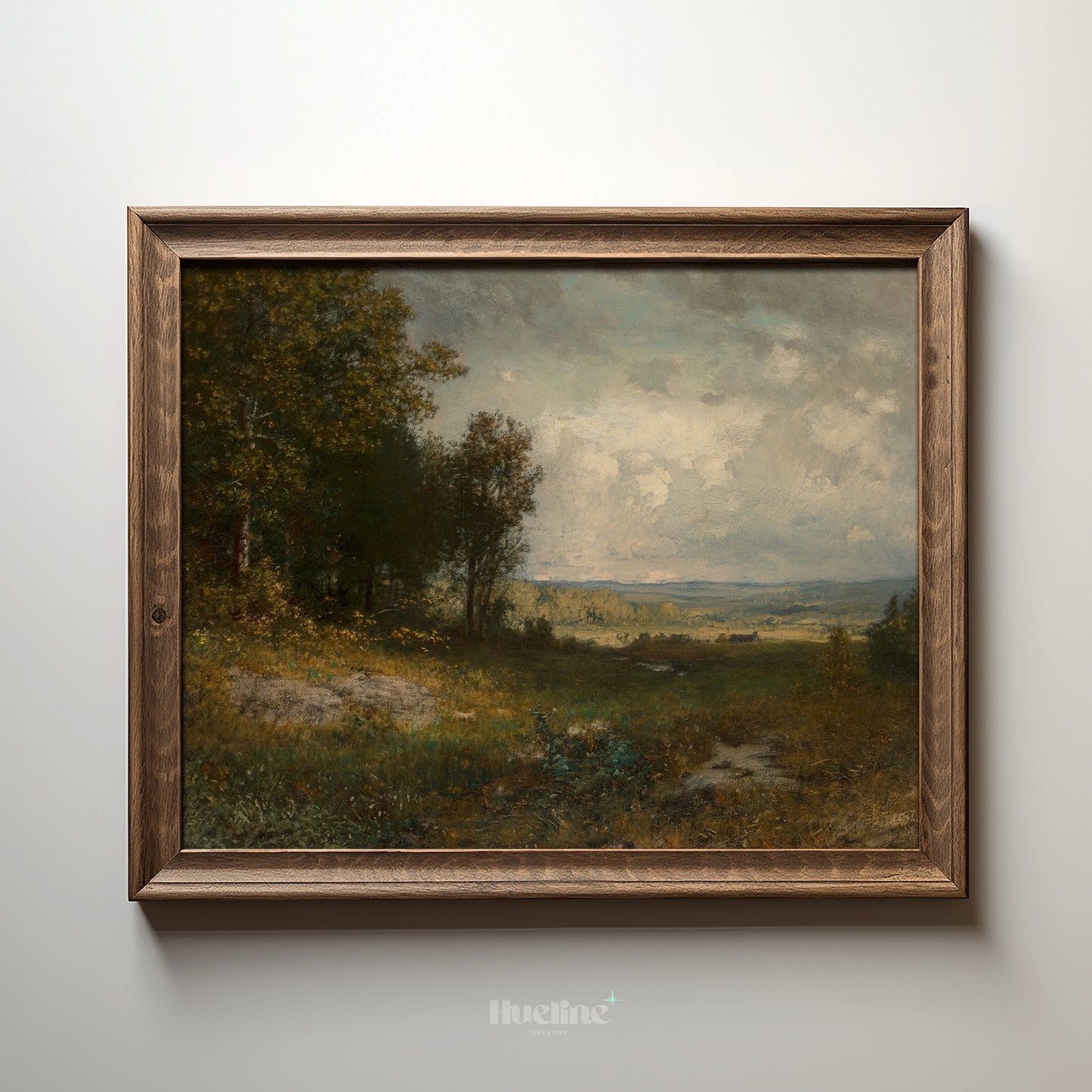 Vintage Countryside Landscape Wall Art, Moody Meadow Painting Print - L1182