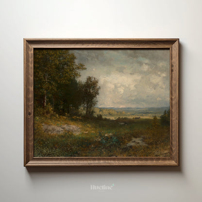 Vintage Countryside Landscape Wall Art, Moody Meadow Painting Print - L1182