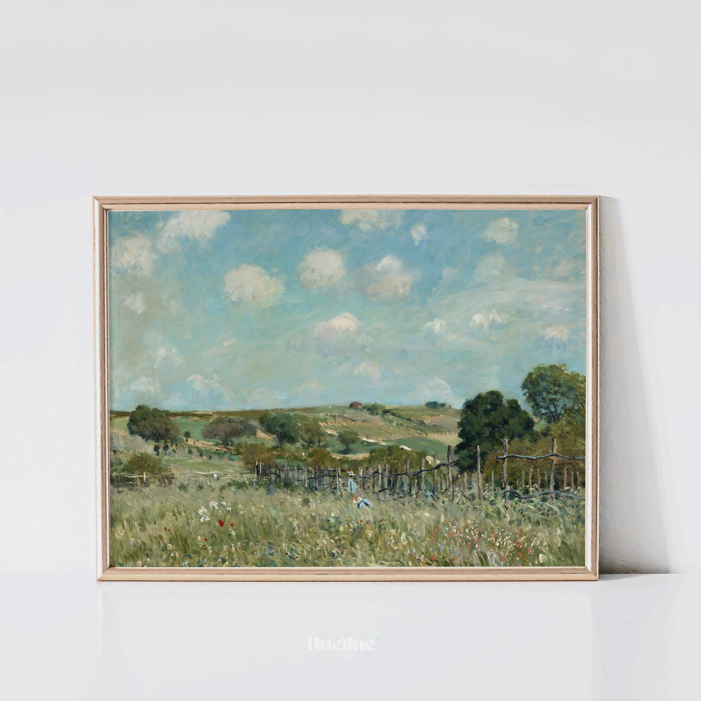 Vintage Country Landscape Wall Art Print – Peaceful Green Field with Blue Sky, Rural Nature Scene for Rustic Farmhouse Decor - L1075