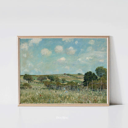 Vintage Country Landscape Wall Art Print – Peaceful Green Field with Blue Sky, Rural Nature Scene for Rustic Farmhouse Decor - L1075