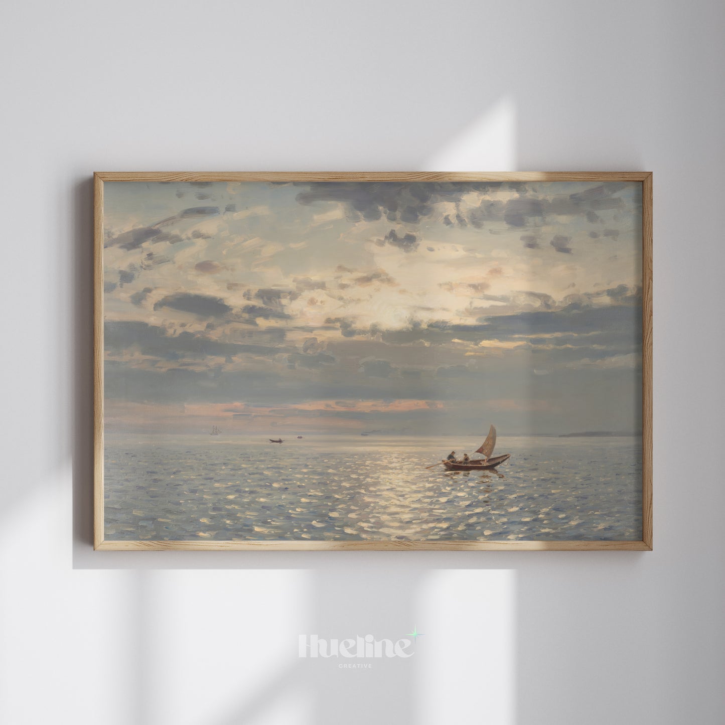 Moody Vintage Seascape, Sailboat Sunset Oil Painting, Coastal Wall Art, Antique Sea Print - L1214