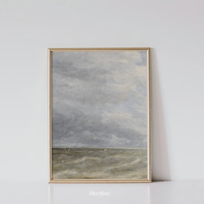 Dramatic Vintage Seascape Art Print – Cloudy Sky and Waves with Seagulls – Coastal Wall Decor for Nature-Inspired Interiors - L1059