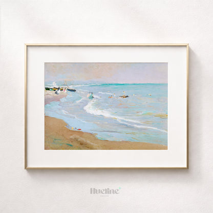 Coastal Beach Painting Print – Vintage Seaside Wall Art, Calm Ocean Waves - L1129