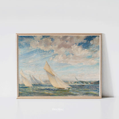 Vintage Sailing Boats Art Print – Coastal Nautical Wall Art with Blue Sky and Sea – Classic Maritime Decor for Beach or Lake House - L1041