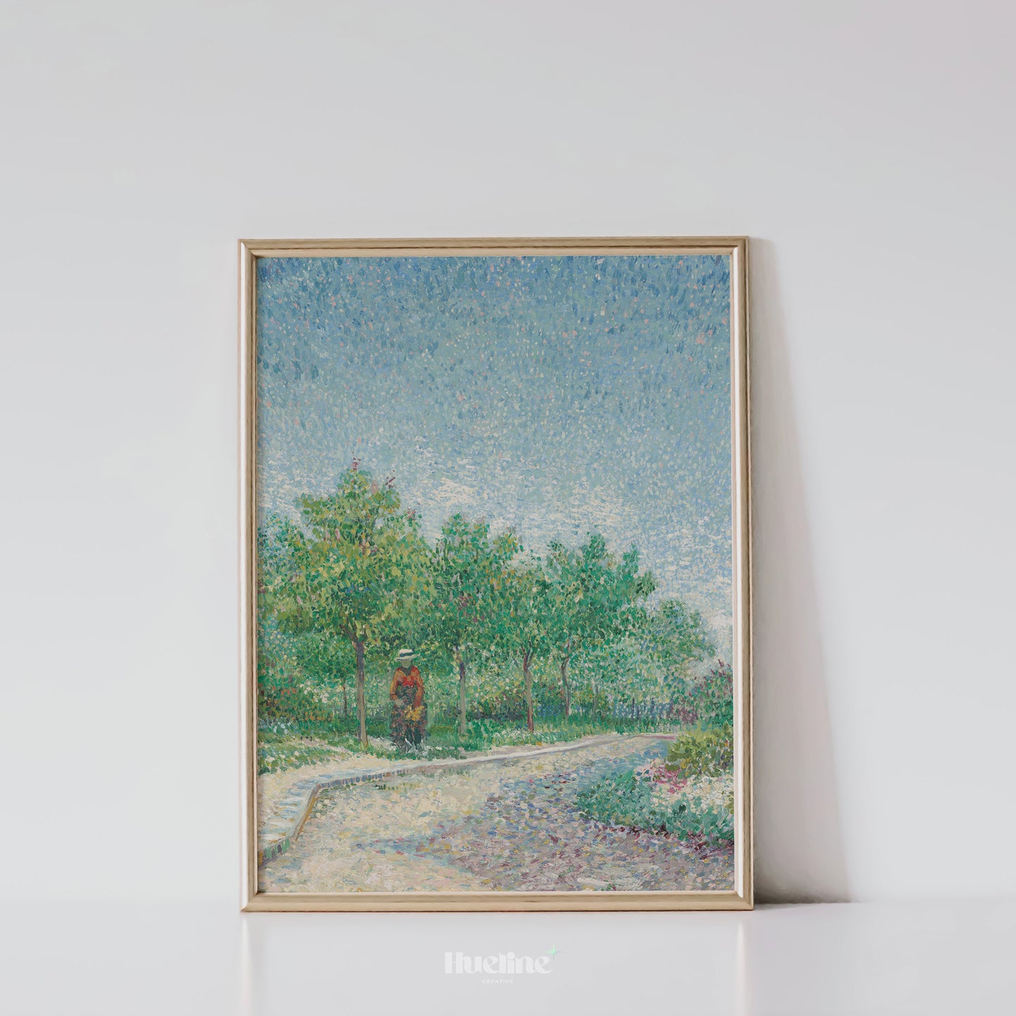 Pointillist Landscape Art Print – Tranquil Nature Scene with Trees and Walking Figure – Impressionist Wall Decor in Soft Pastel Tones - L1057