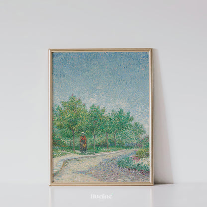 Pointillist Landscape Art Print – Tranquil Nature Scene with Trees and Walking Figure – Impressionist Wall Decor in Soft Pastel Tones - L1057