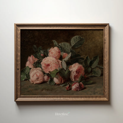 Vintage Pink Roses Oil Painting, Dark Moody Floral Still Life, Antique Wall Art - L1204