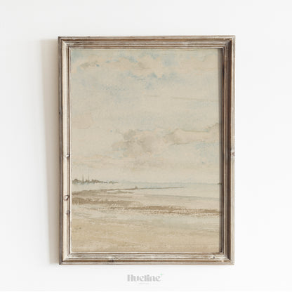 Soft Neutral Coastal Watercolor Print, Minimalist Beach Landscape Wall Art - L1157