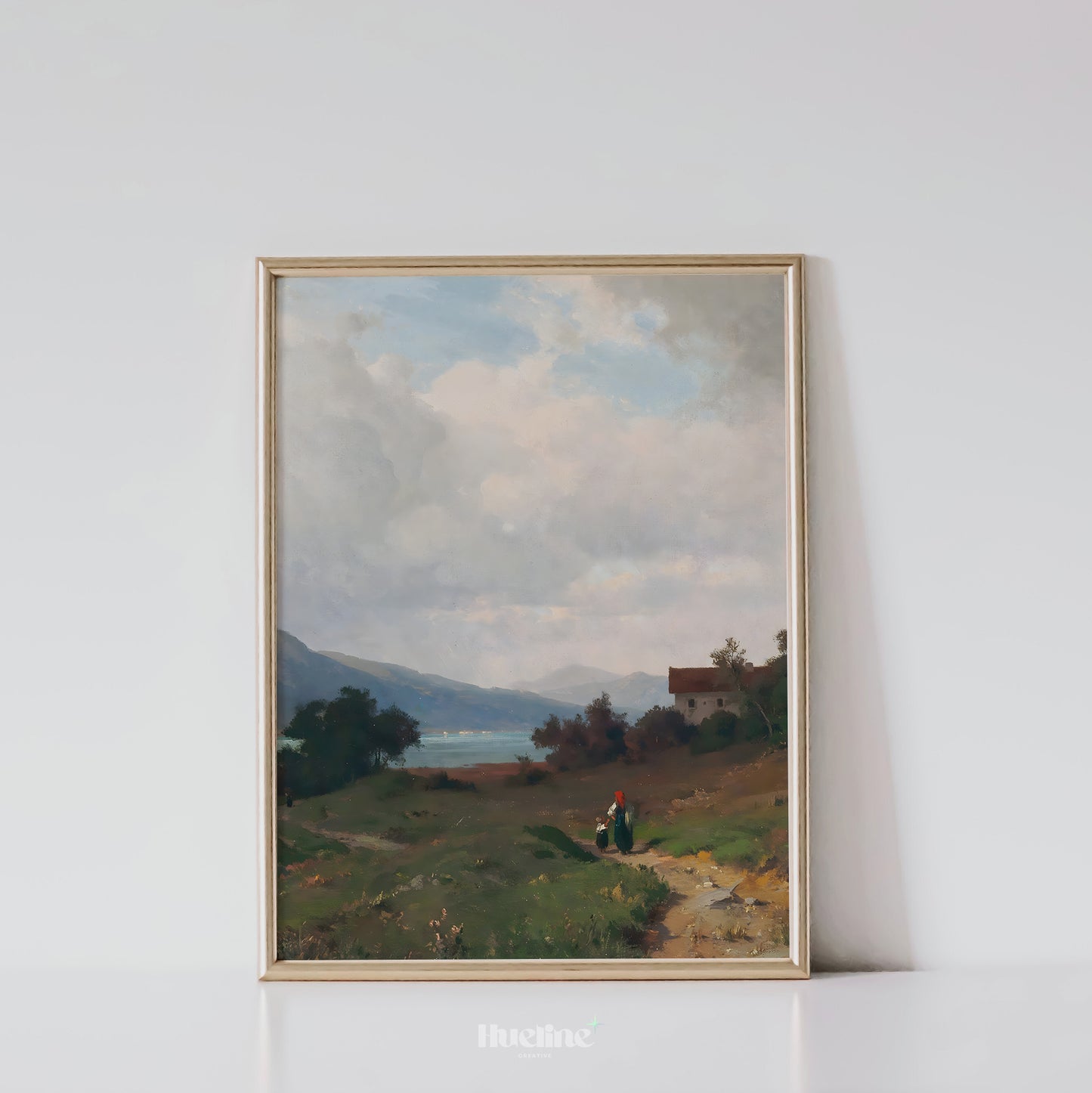 Vintage Countryside Landscape Art Print – Serene Mountain View with Cottage and Lake – Romantic Nature Wall Decor for Rustic Homes - L1060