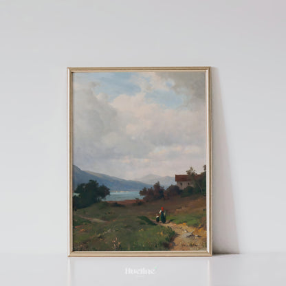 Vintage Countryside Landscape Art Print – Serene Mountain View with Cottage and Lake – Romantic Nature Wall Decor for Rustic Homes - L1060
