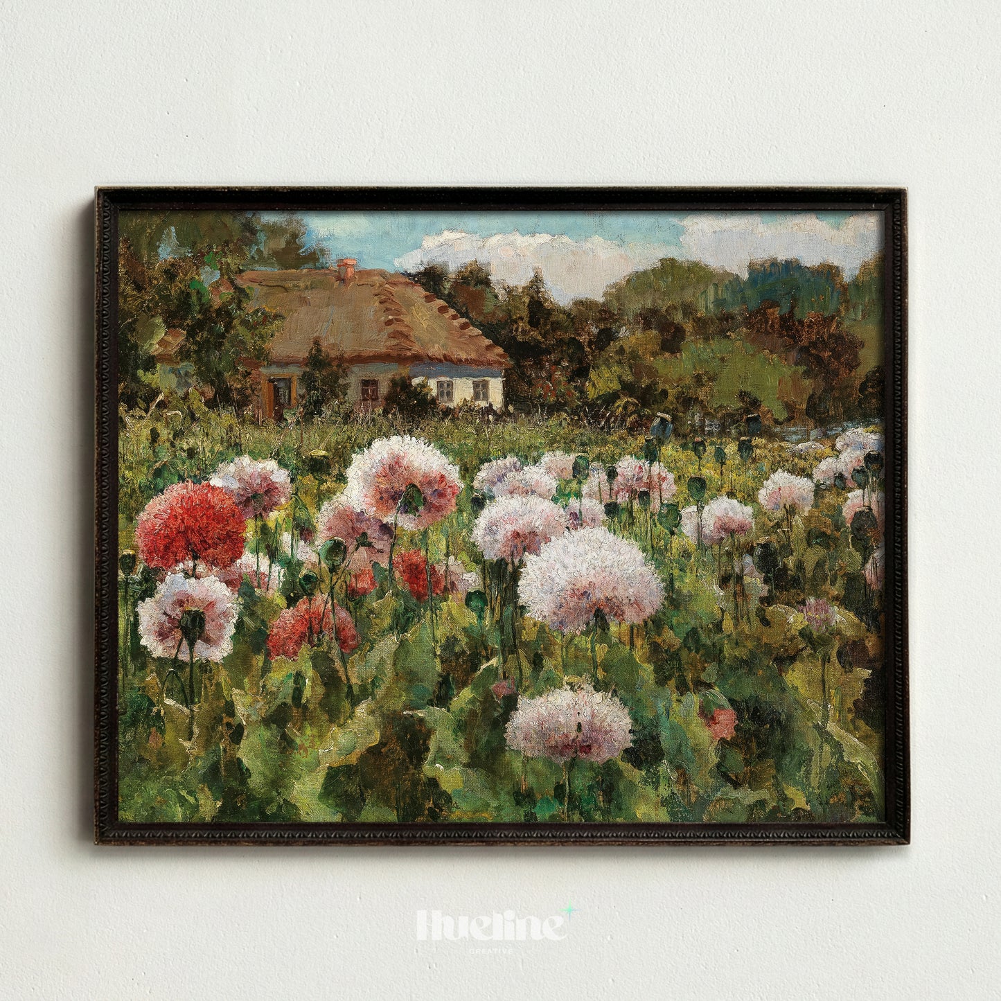 Vintage Poppy Field Painting, Rustic Cottage Landscape, Floral Meadow Wall Art - L1209