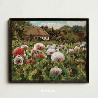 Vintage Poppy Field Painting, Rustic Cottage Landscape, Floral Meadow Wall Art - L1209
