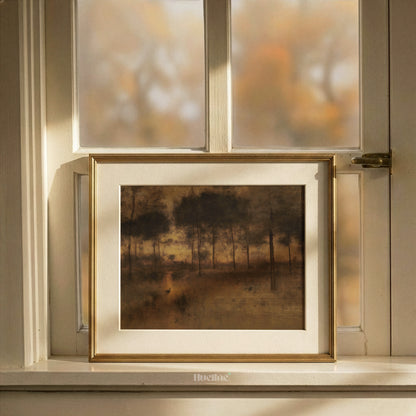 Moody Sunset Forest Oil Painting, Vintage Landscape, Golden Light Trees, Rustic Wall Art - L1203