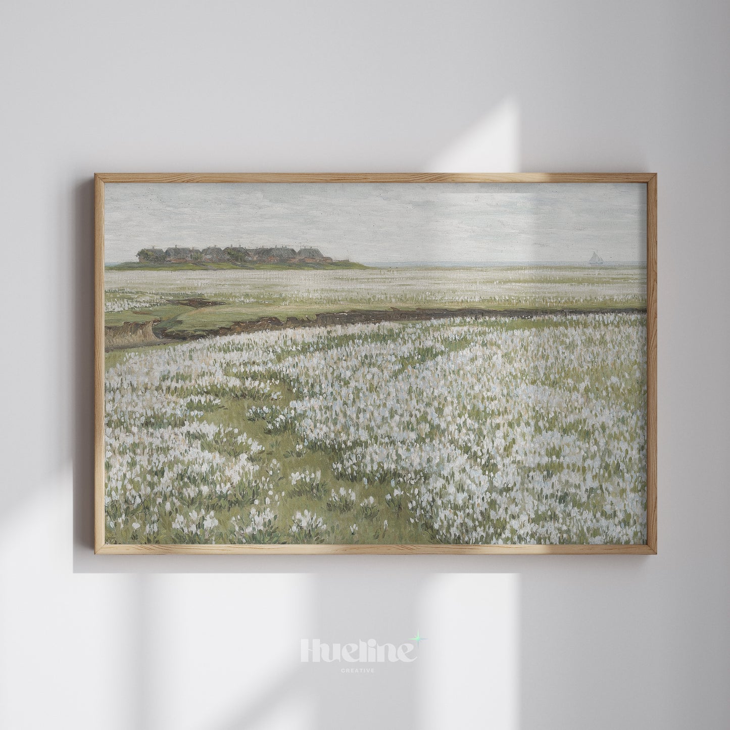Rustic Oil Painting, White Flower Meadow, Remote Village and Sea View Poster - L1202