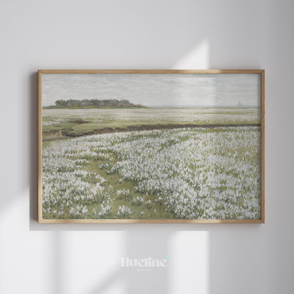 Rustic Oil Painting, White Flower Meadow, Remote Village and Sea View Poster - L1202