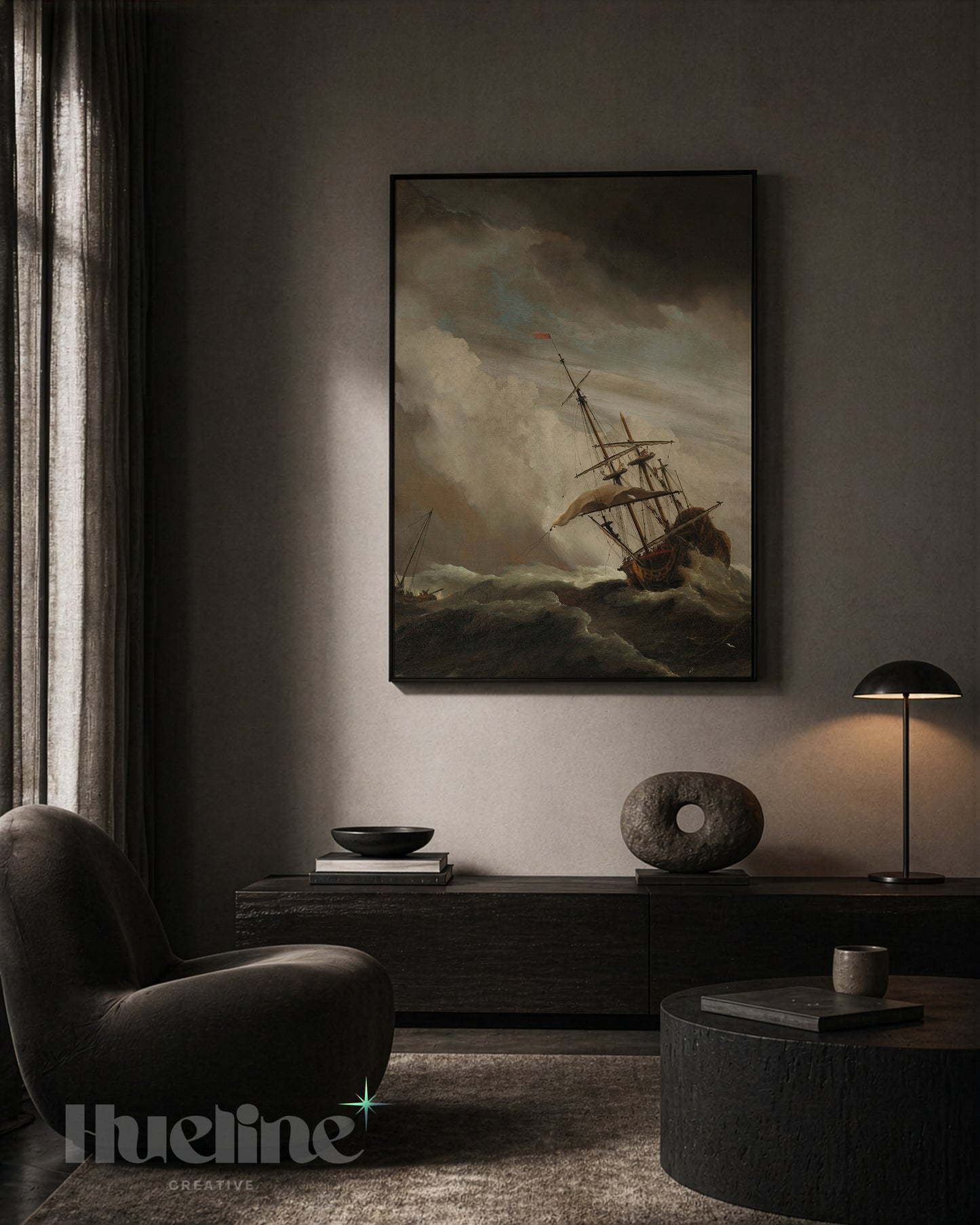 Vintage Stormy Sea Oil Painting, Sailing Ship in High Waves, Moody Maritime Art - L1205