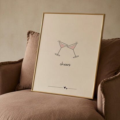Minimalist Cheers Cocktail Print, Martini Glass Wall Art, Bar Cart Decor, Girly Poster - L1276