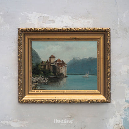 Vintage Castle Wall Art | Lake and Mountain Landscape Painting Print - L1108