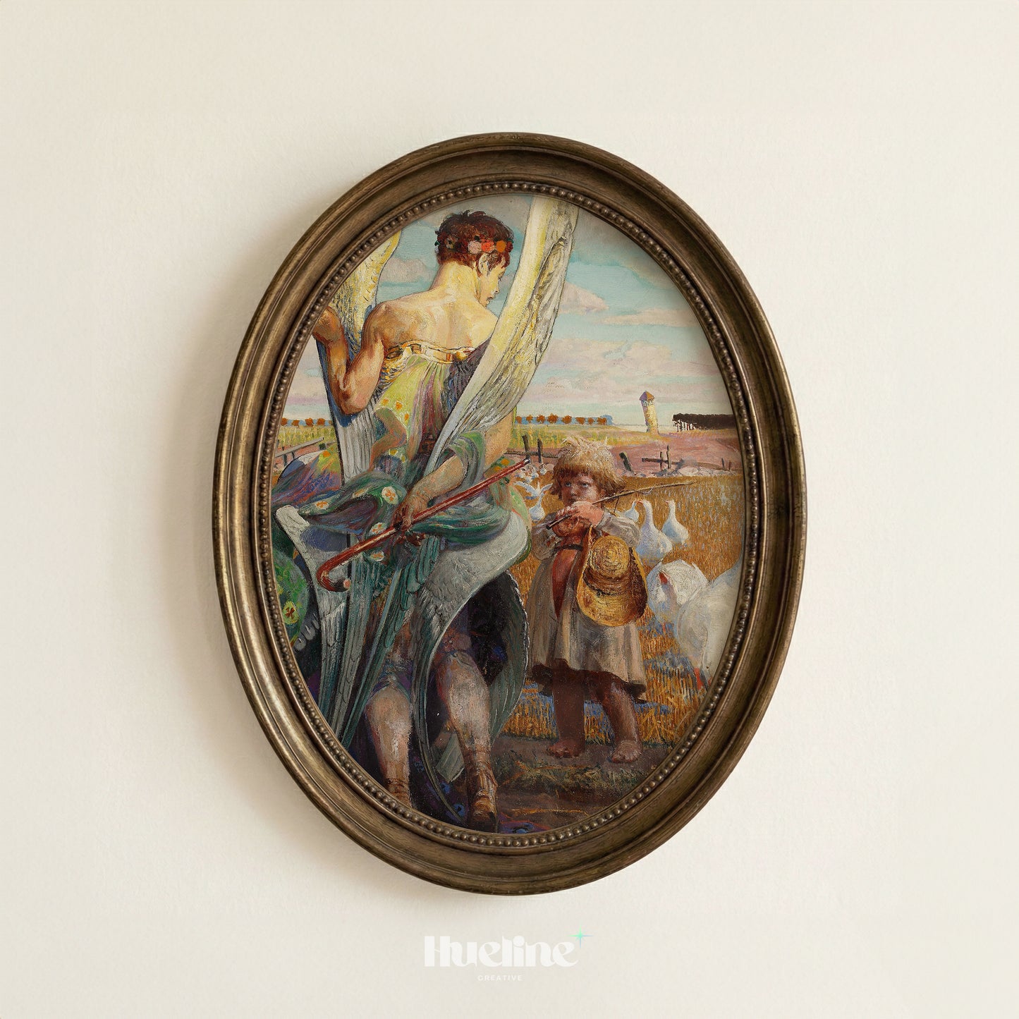 Vintage Angel and Child Oil Painting Print, Guardian Angel Geese Landscape Wall Art - L1192