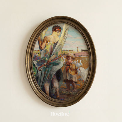 Vintage Angel and Child Oil Painting Print, Guardian Angel Geese Landscape Wall Art - L1192
