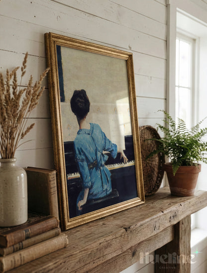 Woman at the Piano Print, Vintage Musician Wall Art, Lady in Blue Dress Painting - L1174