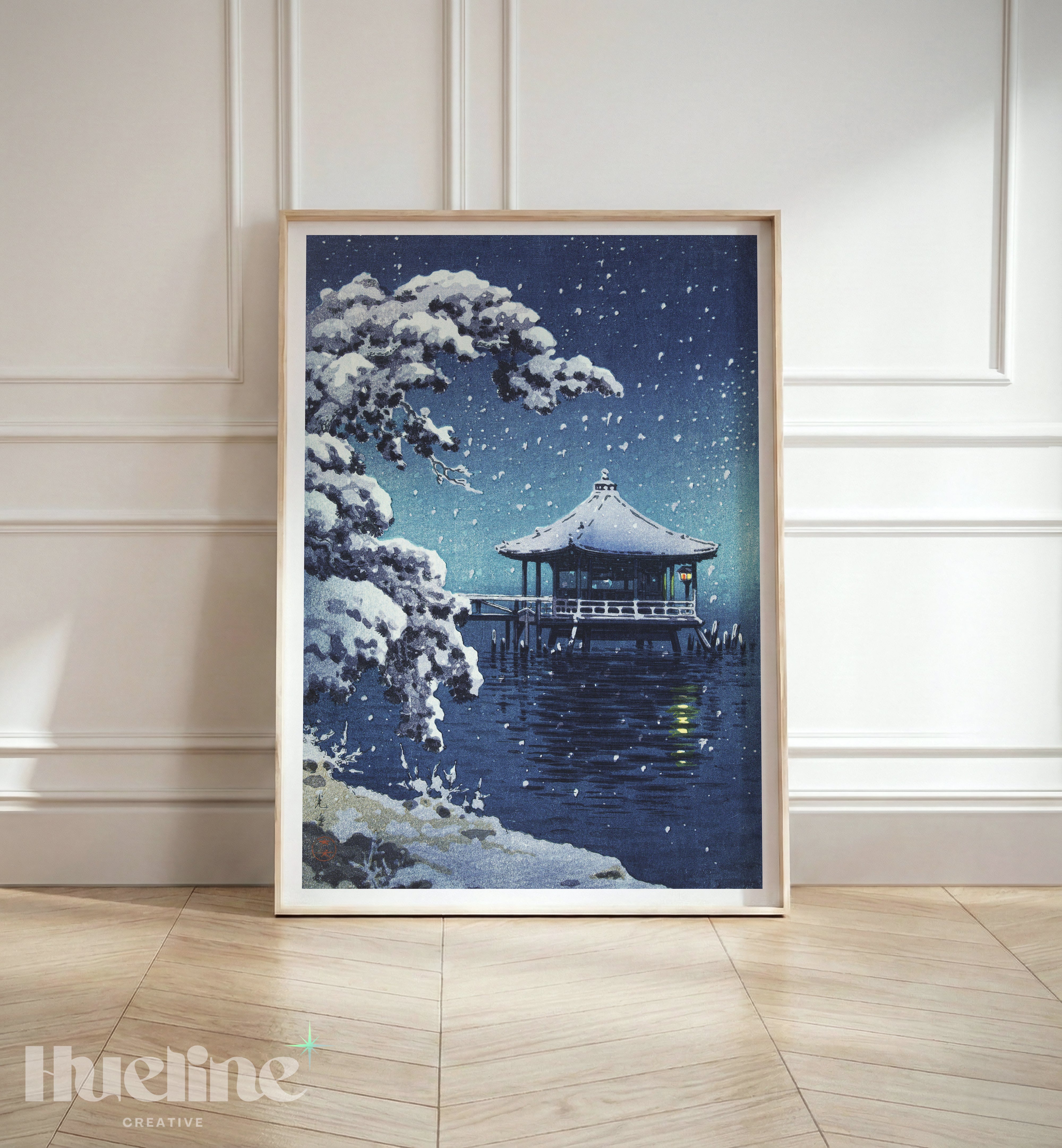 Vintage Japanese Snowy Night Woodblock Illustration, Ukimido