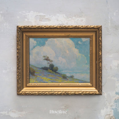 Vintage Landscape Wall Art | Cloudy Sky and Meadow Hill Painting Print - L1107