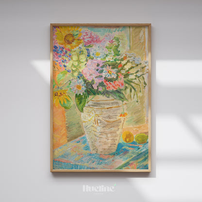 Maximalist Floral Wall Art, Eclectic Still Life Print, Colorful Sunflower Painting - L1161