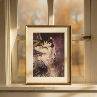 Moody Vintage Woman with Black Cat, Impressionist Painting, Antique Purple Wall Art - L1215
