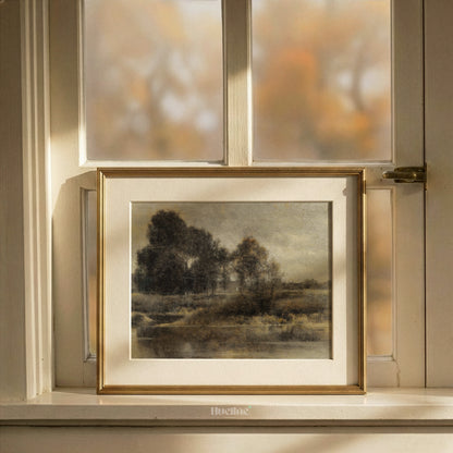 Moody Vintage Landscape Oil Painting, Tonalist Antique River Scene, Dark Neutral Wall Art - L1213