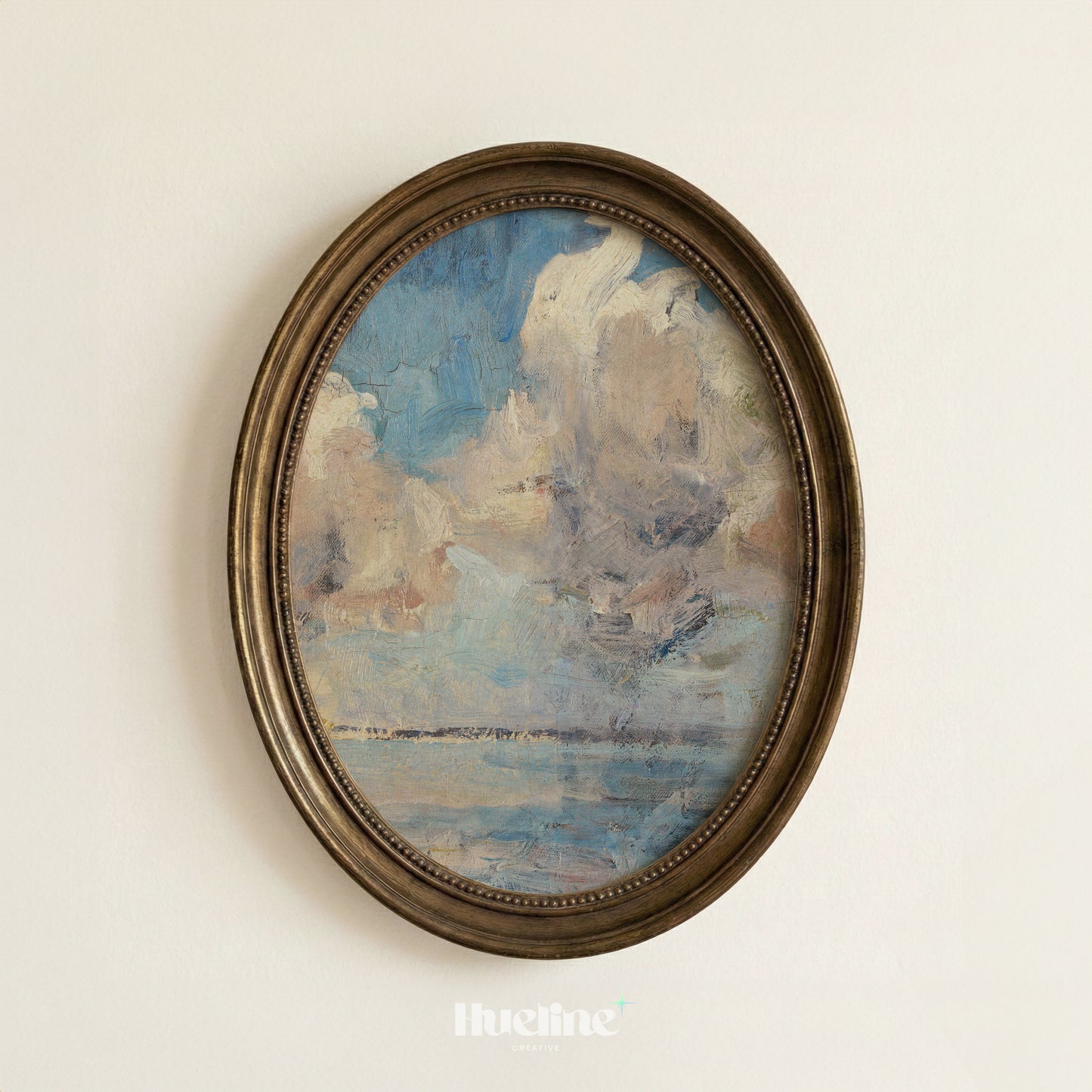 Abstract Cloudscape Painting, Moody Sky and Sea Art Print, Blue Beige Horizon Poster - L1172