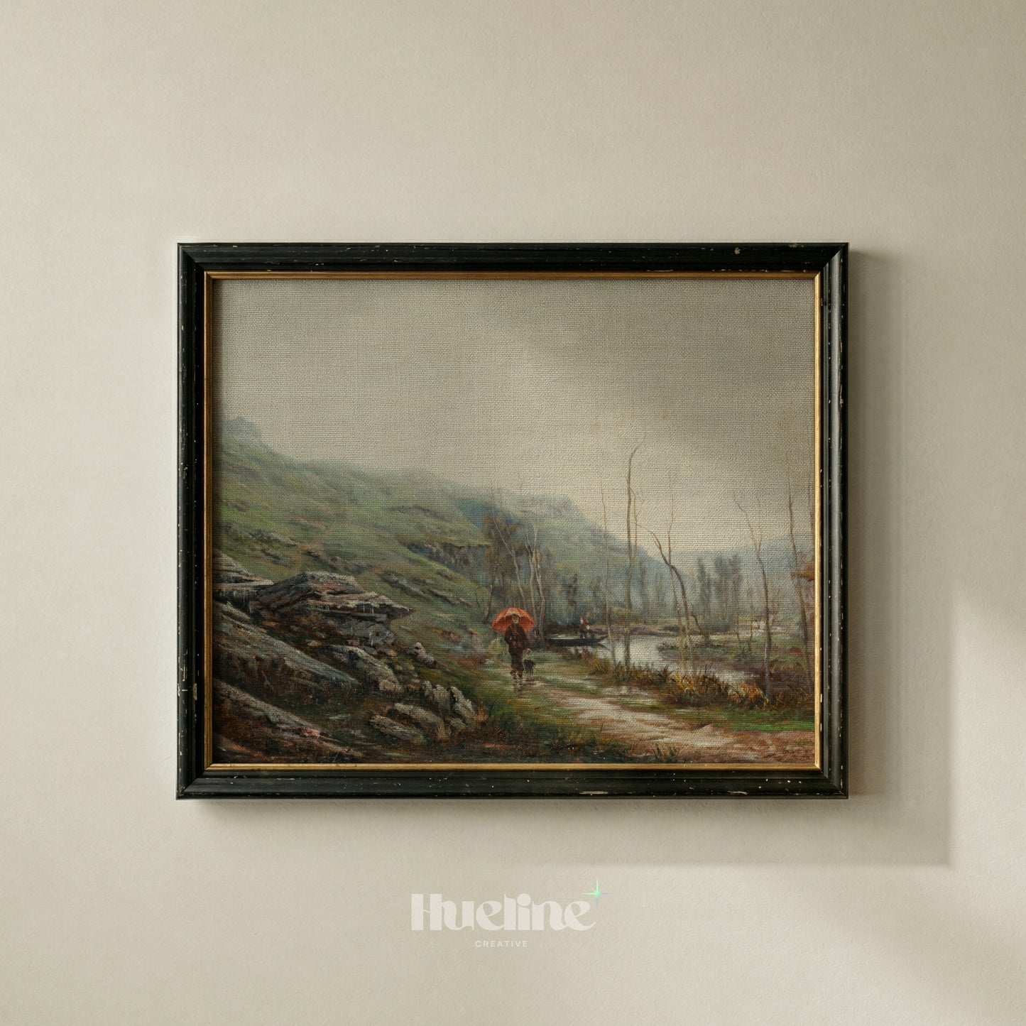 Vintage Landscape Wall Art, Red Umbrella Oil Painting Print, Moody River Scene - L1218