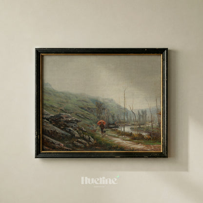 Vintage Landscape Wall Art, Red Umbrella Oil Painting Print, Moody River Scene - L1218