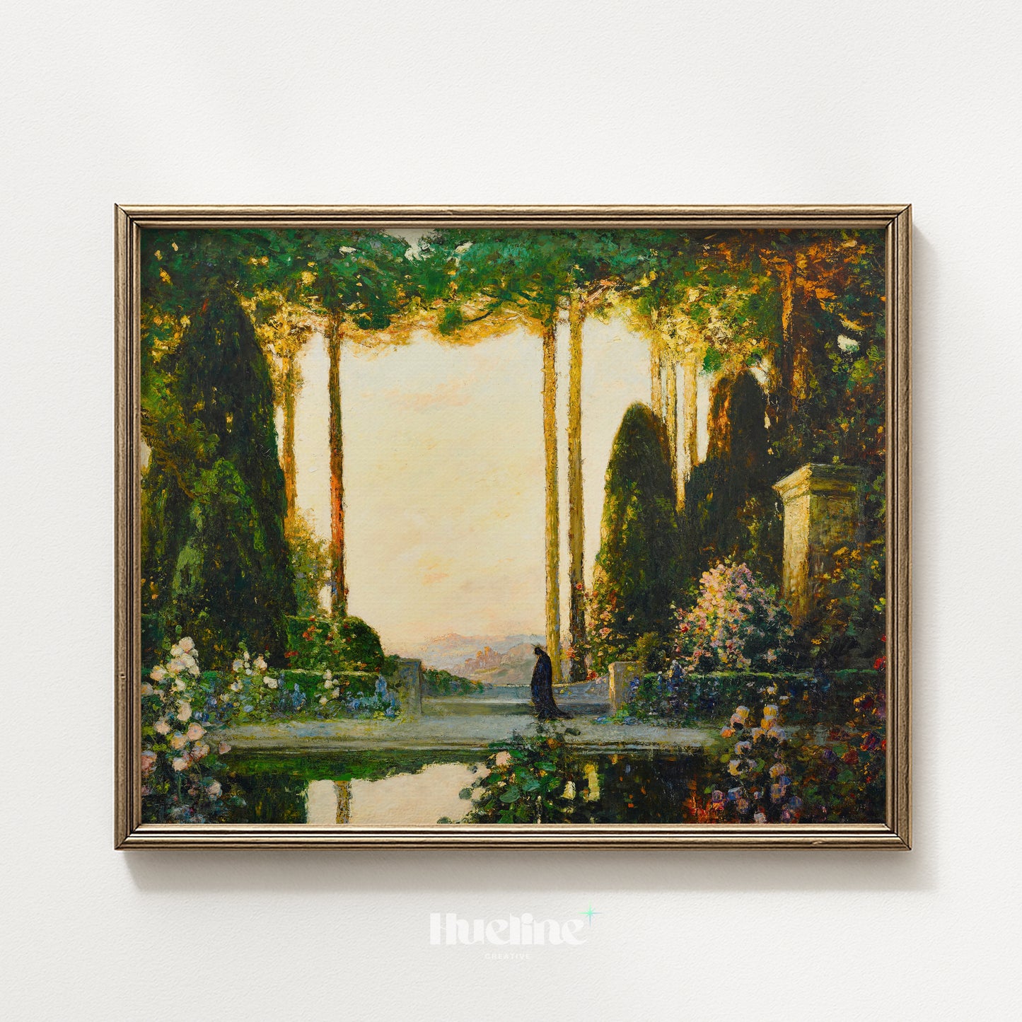 Vintage Enchanted Garden Oil Painting, Mystic Sunset Landscape, Antique Nature Art - L1212