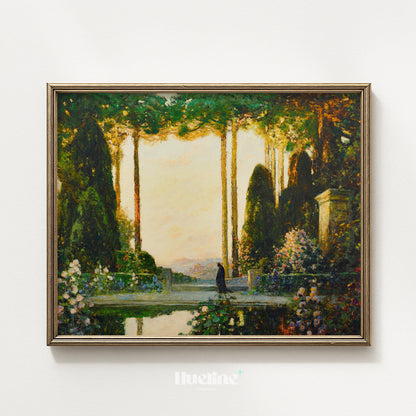 Vintage Enchanted Garden Oil Painting, Mystic Sunset Landscape, Antique Nature Art - L1212