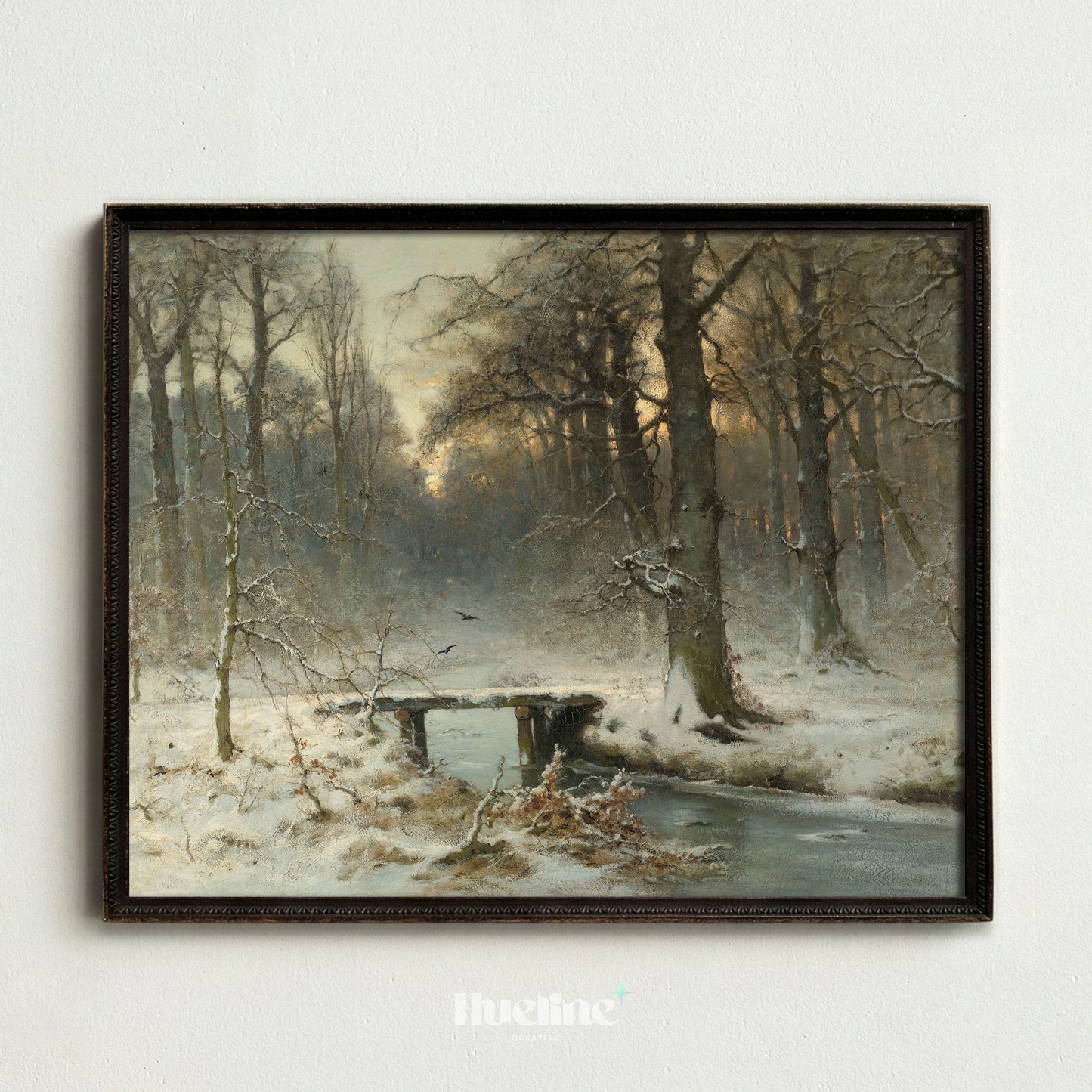 Vintage Winter Forest Painting, Snowy Landscape with Bridge, Moody Woods Wall Art - L1210
